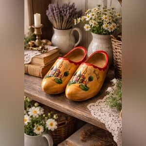 Vintage Hand Painted Dutch Wooden Clogs Holland Souvenir Folk Art Shoes